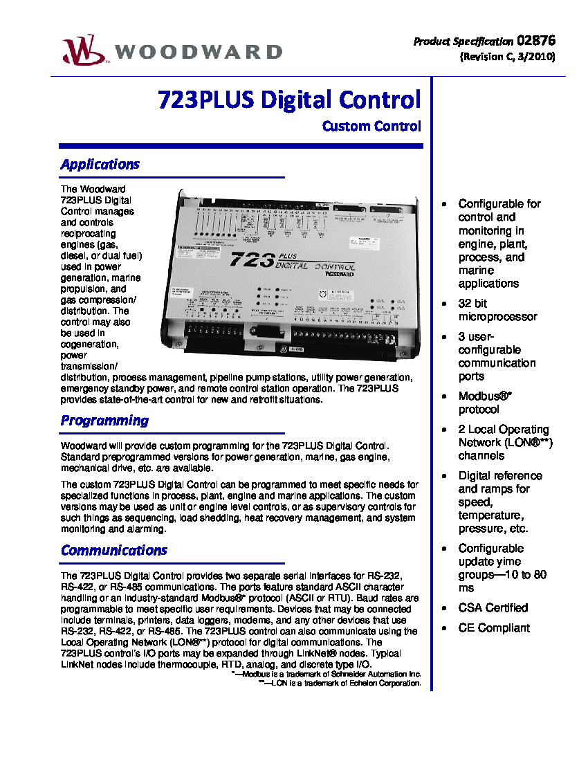 First Page Image of 8230-3011 Woodward 723PLUS Digital Control Custom Control 02876.pdf